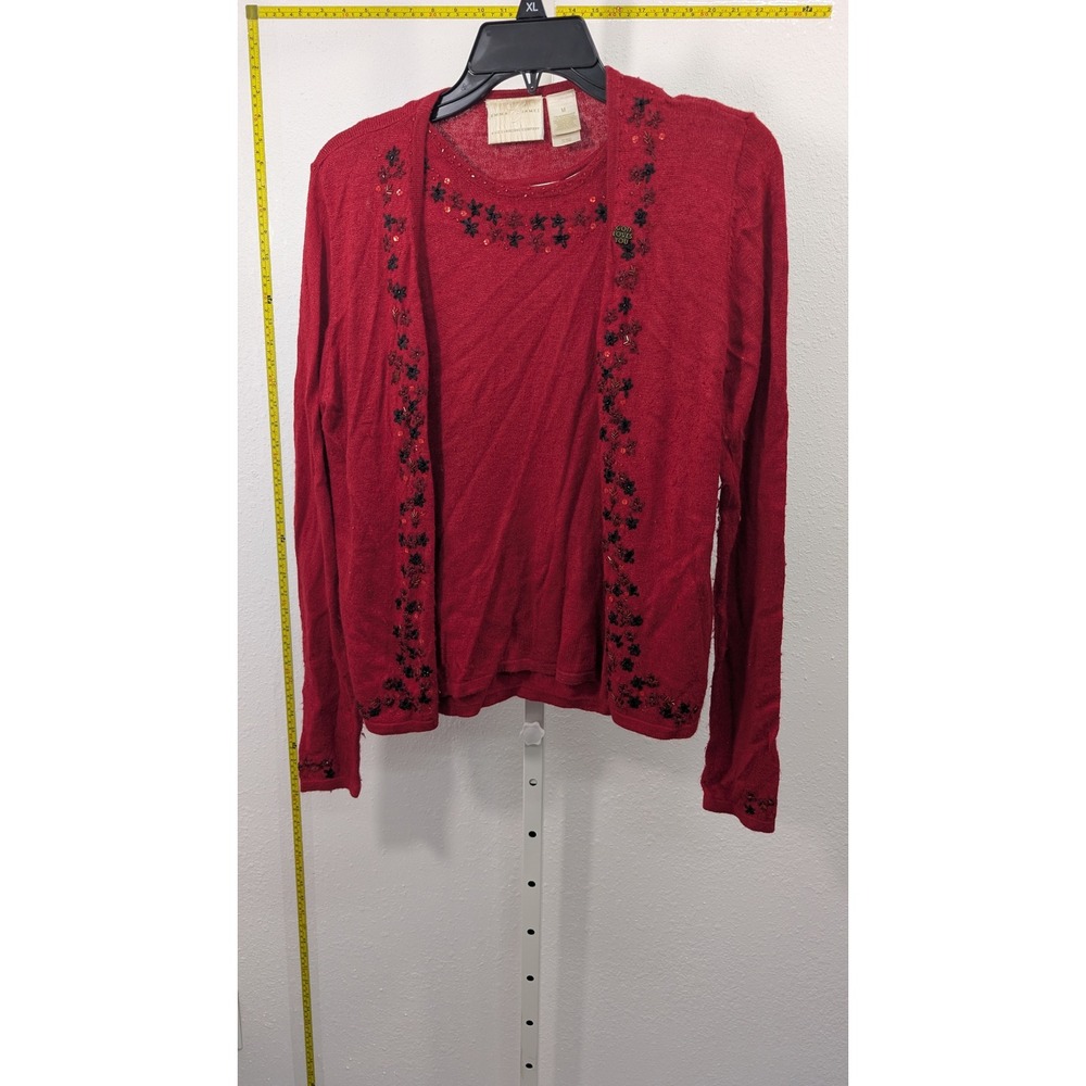 Emma James Liz Claiborne Red Silk Angora Sequin Embroidered Sweater Twin Set M